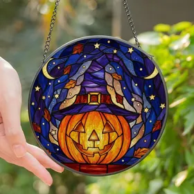 Autumn Lovers' Intricate Stained Glass Jack-o'-lantern Witch Hat Magical Night Mosaic Jewel Tones Stained Glass Suncatcher