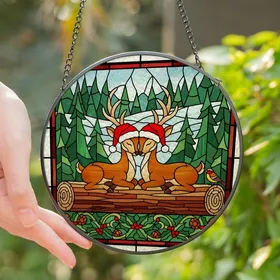 Winter Art Lovers' Glowing Tiffany Stained Glass Reindeer Nuzzle Forest Mosaic Amber Red Green Stained Glass Suncatcher