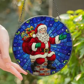 Festive Holiday Enthusiasts' Intricate Stained Glass Santa Claus Ruby Red Emerald Green Cobalt Blue Mosaic Stained Glass Suncatcher