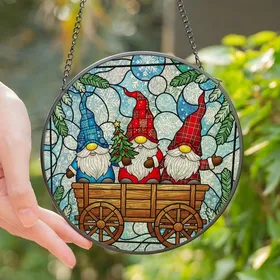 Holiday Decor Lovers' Stained Glass Gnomes Rustic Cart Winter Wonderland Mosaic Red Green Blue Stained Glass Suncatcher
