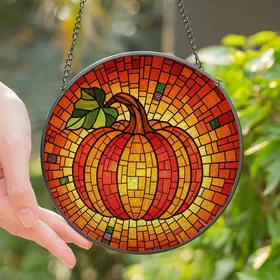 Art Lovers' Intricate Stained Glass Pumpkin Mosaic, Luminous Amber Orange Jewel Tones Stained Glass Suncatcher