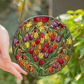 Art Lovers' Tiffany Style Stained Glass Heart Tulip Vibrant Jewel Tone Floral Tapestry Stained Glass Suncatcher