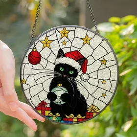 Cat Lovers' Festive Stained Glass Black Cat Santa Hat Emerald Eyes Jewel Tone Christmas Mosaic Stained Glass Suncatcher