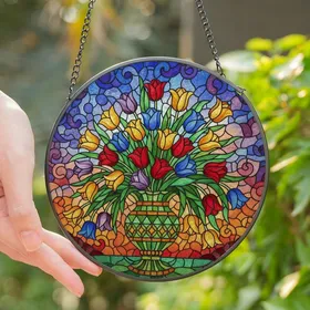 Nature Enthusiasts' Glowing Tiffany Style Stained Glass Tulips & Intricate Mosaic Garden Stained Glass Suncatcher