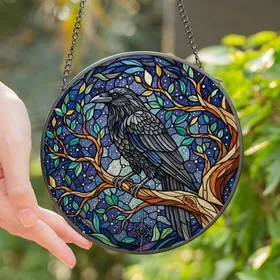 Art & Nature Lovers' Tiffany Stained Glass Raven Spider Celestial Mosaic Jewel Tones Stained Glass Suncatcher