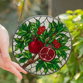Art Enthusiasts' Jewel Tone Pomegranate Stained Glass Botanical Crimson Red Emerald Green Pattern Stained Glass Suncatcher