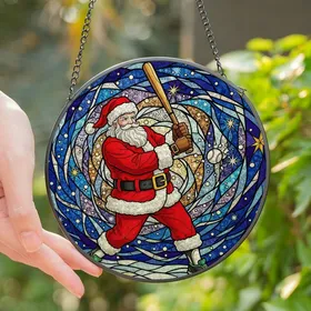 Christmas Sports Art Lovers' Tiffany Stained Glass Santa Claus Baseball Swing Jewel Tone Mosaic Stained Glass Suncatcher