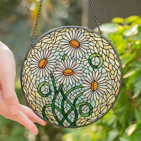 Nature Lovers' Vibrant Stained Glass Daisy Cluster Tiffany Style Jewel Tones Botanical Mosaic Stained Glass Suncatcher