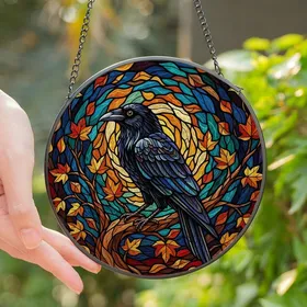 Nature Lovers' High Contrast Stained Glass Raven Iridescent Blue Autumn Jewel Tone Mosaic Stained Glass Suncatcher