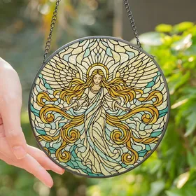Art Enthusiasts' Tiffany Style Angel Cream Blue Teal Amber Celestial Stained Glass Mosaic Stained Glass Suncatcher