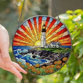 Coastal Art Lovers' Vibrant Tiffany Stained Glass Lighthouse Sunset Ocean Mosaic with Glowing Lamp and Wildflowers Stained Glass Suncatcher
