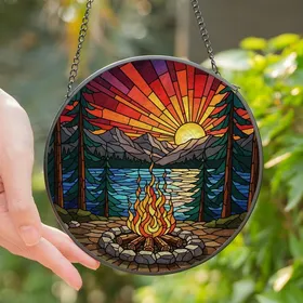 Nature Lovers' Vibrant Jewel Tone Tiffany Stained Glass Campfire Mountain Lake Sunset Artwork Stained Glass Suncatcher
