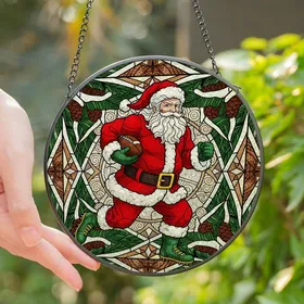 Christmas Football Fans' Tiffany Stained Glass Santa Football Jewel Tone Pine Branch Mosaic Stained Glass Suncatcher