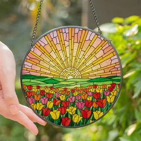 Art Enthusiasts' Jewel Tone Stained Glass Blooming Tulips Radiant Sunset Mosaic Stained Glass Suncatcher