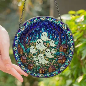 Whimsical Spirit Lovers' Tiffany Stained Glass Ghosts, Luminous Blue Purple Forest & Floral Art Stained Glass Suncatcher