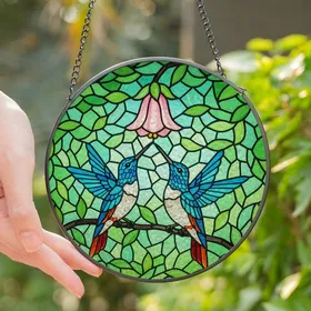 Art Lovers' Jewel Tone Stained Glass Hummingbirds Pink Flower Green Foliage Mosaic Stained Glass Suncatcher