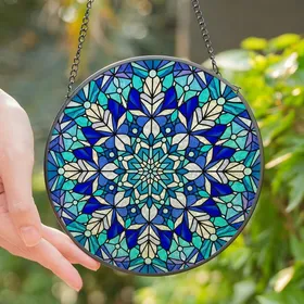 Winter Enthusiasts' Detailed Tiffany-Style Jewel-Toned Snowflake Crystalline Mosaic Stained Glass Suncatcher