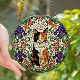 Cat Lovers' Intricate Jewel Tone Calico Cat Floral Stained Glass Mosaic Stained Glass Suncatcher