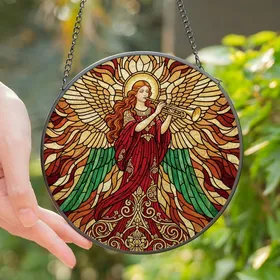 Devotional Art Lovers' Tiffany Stained Glass Angel Golden Trumpet Ornate Red Gold Emerald Celestial Mosaic Stained Glass Suncatcher