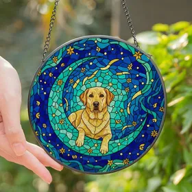 Labrador Enthusiasts' Tiffany Style Stained Glass Yellow Lab Cosmic Crescent Moon Jewel Tones Mosaic Stained Glass Suncatcher