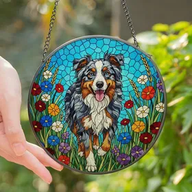 Australian Shepherd Lovers' Vibrant Tiffany Stained Glass Merle Wildflowers Blue Sky Art Stained Glass Suncatcher