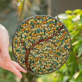 Nature Lovers' Tiffany Style Stained Glass Ginkgo Botanical Mosaic Jewel Tone Pattern Stained Glass Suncatcher