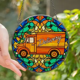 Art & Transport Lovers' Tiffany Stained Glass Orange Delivery Truck Geometric Jewel Tone Mosaic Stained Glass Suncatcher