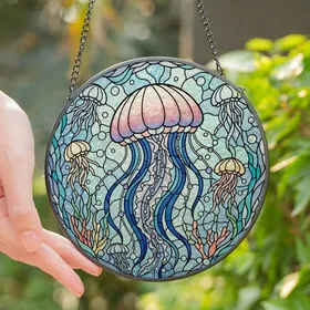 Art Enthusiasts' Tiffany Stained Glass Iridescent Pink Aquamarine Jellyfish Amethyst Sapphire Ocean Mosaic Stained Glass Suncatcher