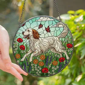 Dog Lovers' Tiffany Stained Glass Leaping English Setter Wildflower Meadow Jewel Tones Stained Glass Suncatcher