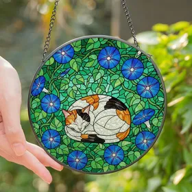 Cat Lovers' Intricate Stained Glass Calico Cat Blue Morning Glory Purple Floral Lush Green Design Stained Glass Suncatcher