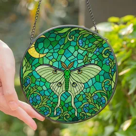 Nature Lovers' Stained Glass Luna Moth Emerald Teal Golden Jewel Tone Tiffany Style Mosaic Stained Glass Suncatcher