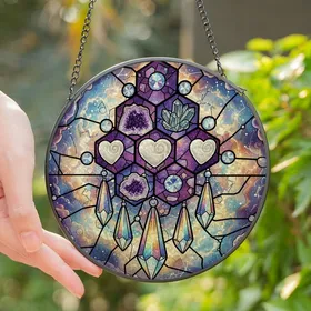 Crystal Art Lovers' Intricate Stained Glass Honeycomb Design with Amethyst, Sapphire, Rainbow Prisms & Cosmic Glow Stained Glass Suncatcher