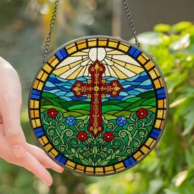 Sacred Art Enthusiasts Vibrant Tiffany Stained Glass Ruby Red Cross, Jewel Tone Floral Garden & Landscape Mosaic Stained Glass Suncatcher