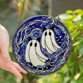 Cat Lovers' Whimsical Stained Glass Cat-Ghost Tiffany Art, Sapphire Amethyst Silver Swirls & Stars Stained Glass Suncatcher