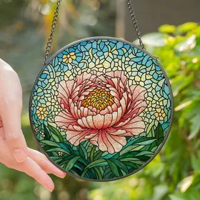 Women's Glowing Stained Glass Peony Orange Peach Emerald Green Tiffany Botanical Art Mosaic Stained Glass Suncatcher