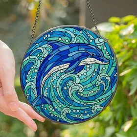 Ocean Lovers' Dynamic Stained Glass Dolphin Arcing Ocean Waves Mosaic Azure Teal Stained Glass Suncatcher