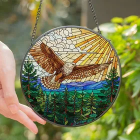 Nature Art Lovers' Tiffany Stained Glass Soaring Eagle Hawk Emerald Rust Jewel Tones Detailed Forest Mountain Sunburst Mosaic Stained Glass Suncatcher
