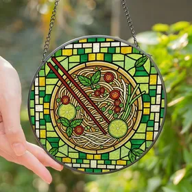 Foodie Art Lovers' Edge-to-Edge Stained Glass Pho Ramen Noodle Emerald Green Saffron Yellow Intricate Mosaic Pattern Stained Glass Suncatcher