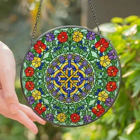 Art Lovers' Vibrant Tiffany Stained Glass Celtic Knot Floral Mosaic Gold Blue Emerald Purple Stained Glass Suncatcher