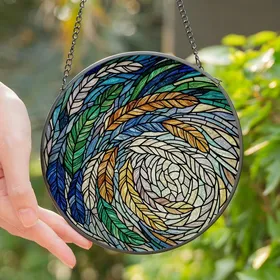 Art Lovers' Intricate Tiffany Style Stained Glass Feather Mosaic Jewel Tones Stained Glass Suncatcher