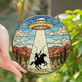 Western Sci-Fi Art Enthusiasts' Stained Glass Cowboy UFO Abduction Desert Mosaic Jewel Tones Stained Glass Suncatcher