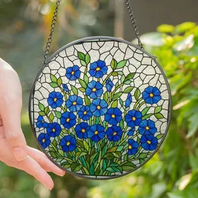 Art Lovers' Vibrant Tiffany Blue Blossom Green Foliage Teal Border Stained Glass Art Stained Glass Suncatcher