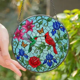 Nature Lovers' 8K Vibrant Stained Glass Hummingbird Cardinal Floral Mosaic Pattern Stained Glass Suncatcher