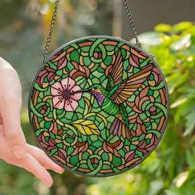 Hummingbird Lovers' Vibrant Emerald Green Hummingbird Rosy Pink Floral Tiffany Style Stained Glass Jewel Tone Mosaic Stained Glass Suncatcher