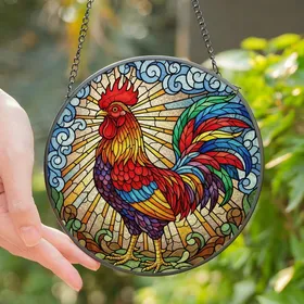 Vibrant Art Lovers' Intricate Stained Glass Rooster Jewel Tone Abstract Mosaic Pattern Stained Glass Suncatcher
