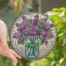 Women's Glowing Tiffany Style Stained Glass Lilac Bouquet Mason Jar Art Stained Glass Suncatcher