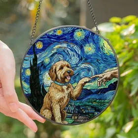 Pet Lovers' Tiffany Stained Glass Goldendoodle Paw Touch Creation Art, Starry Night Jewel Tones Stained Glass Suncatcher