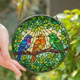 Nature Lovers' Tiffany Stained Glass Songbirds Mosaic Jewel Tone Landscape Stained Glass Suncatcher