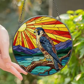 Nature Lovers' Majestic Peregrine Falcon Tiffany Glass Sunset Landscape Jewel Tones Stained Glass Suncatcher