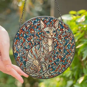 Sphynx Cat Lovers' Stained Glass Tiffany Style Mosaic Jewel Tone Peach Teal Blue Lavender Stained Glass Suncatcher